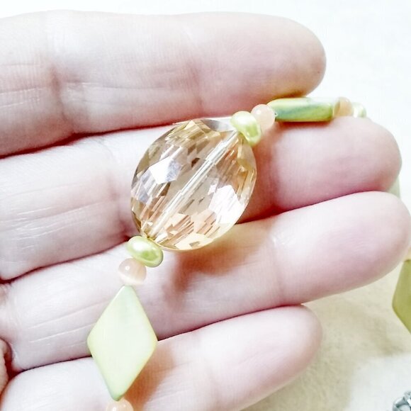 Charteuse & Apricot! Beaded Bracelet: Shell Crystal CatsEye Faux Pearls FOR 7-8" - Picture 3 of 12